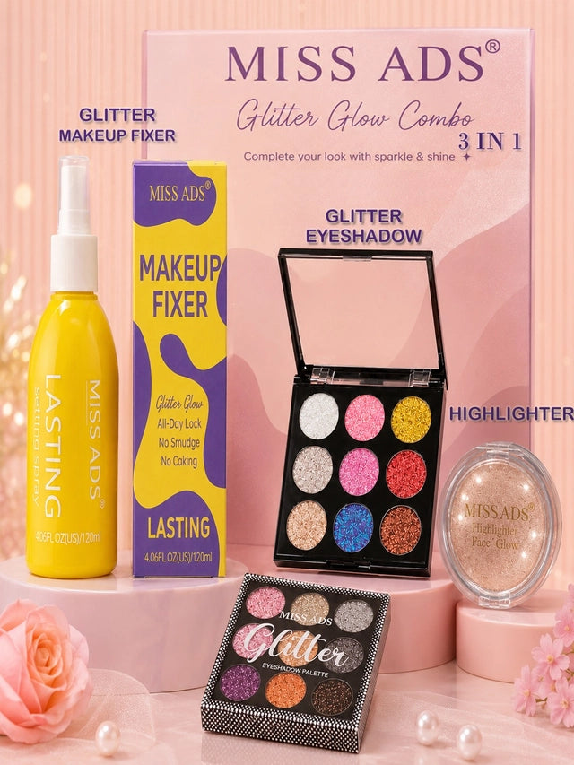 MISS ADS Makeup Combo – Setting Spray, Highlighter, Compact & Sponge